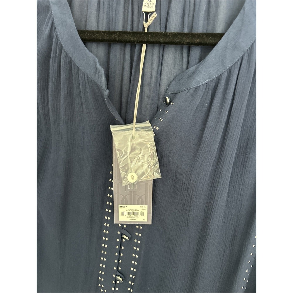 Jennifer Lopez Women's XL NWT Navy Studded Chiffon Long Sleeve Blouse 100% Rayon - Picture 4 of 11
